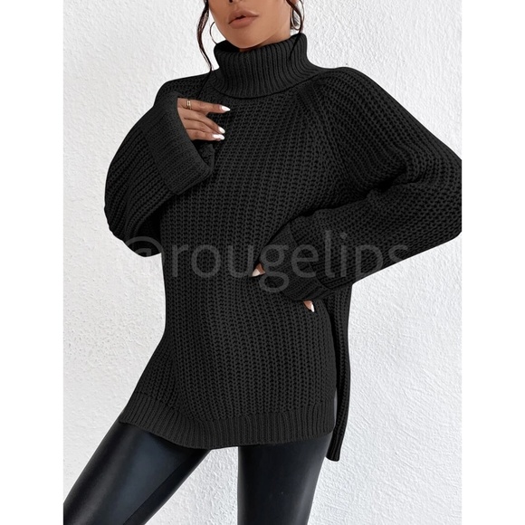 Casual Pullover Sweater Cable Knit Turtleneck  Black High Neck Long Sleeve - Picture 2 of 8